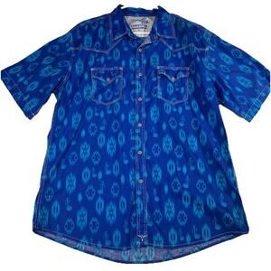 WRANGLER 20X Mens Size XL Blue Aztec Print Snap Button Short Sleeve Cowboy Rodeo